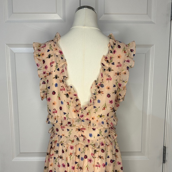 Betsey Johnson Peach Bug Floral Ruffle Tiered V-Neck Whimsical Midi Dress Size 8 - Picture 4 of 16